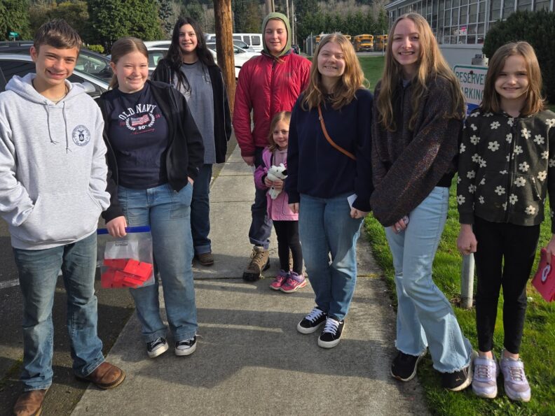 8  youth that helped make Valentine cards for the Orting Senior Center