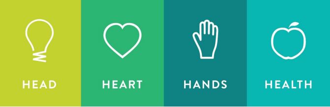 Green banner with logos for Head, Heart, Hands, and Health motto.