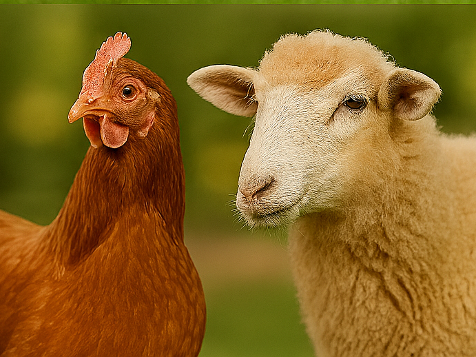 Picture of a rooster and a sheep