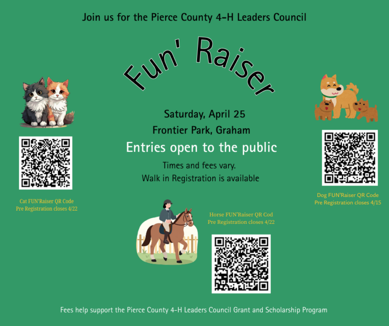 Flyer for Fun'Raiser on April 25 for Cats, Dogs and Horses.  It also the QR codes to scan.