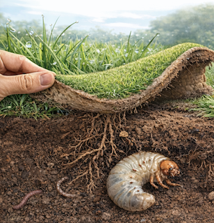Lawn above ground with European Chafer pest below ground