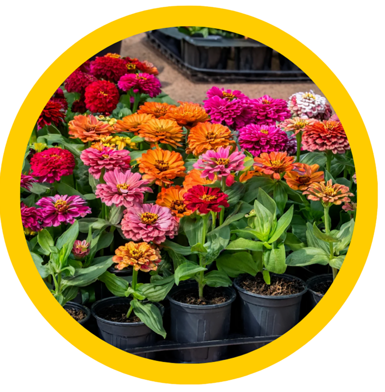 Orange, pink, and red zinnia flowers in pots.