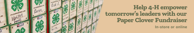 Tractor Supply Paper Clover Fundraiser - instore or online.  Shows tags with names that people signed when donating money to the fundraiser