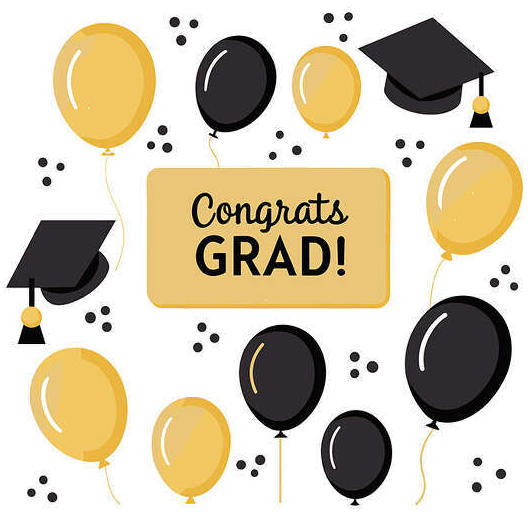 Sign - Congrats Grad, with balloons and graduation caps.