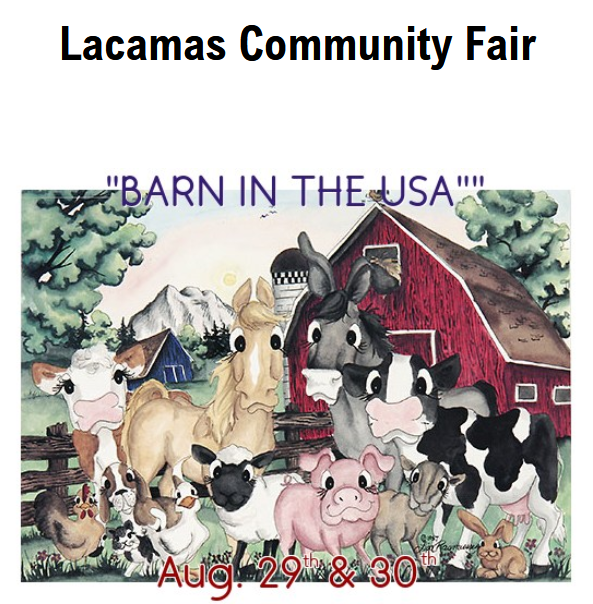 Image to promote the Lacamas Community Fair    "Barn in the USA" with a barn and animals