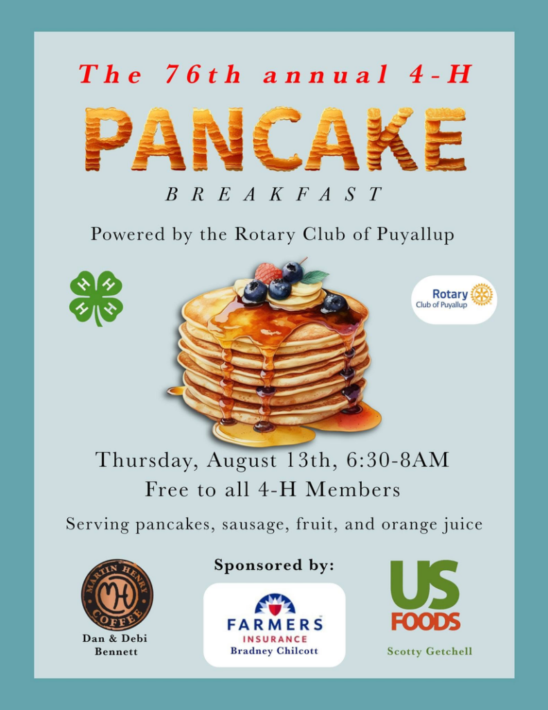 Flyer about Free Pancake Breakfast on Thurs 8-13 at the Pierce County Fair for 4-H families
