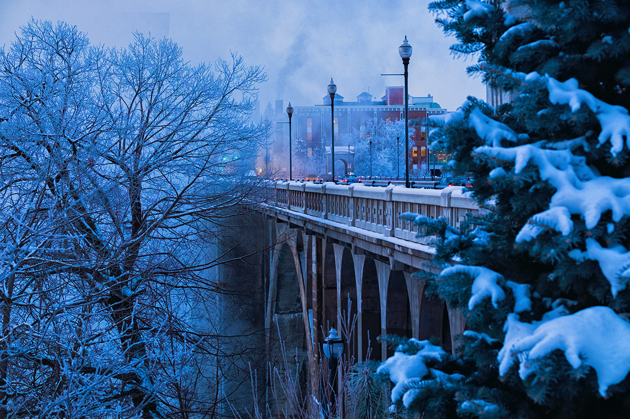 The Monroe St. Bridge in Spokane in the winter, covered in snow