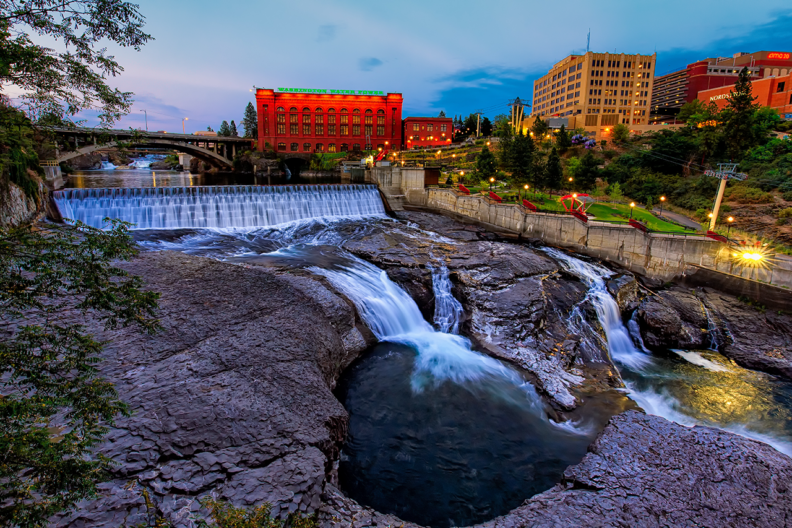 The Spokane falls with the city skyline in the background