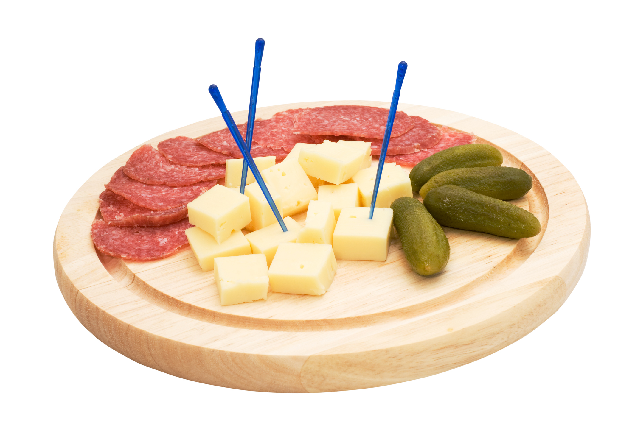 "Salami, cheese and gherkins on a wooden plate isolated on white background.Check also my other photos in:"