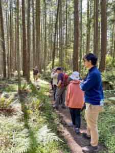 Group of people watching a presenter on a forest trail.