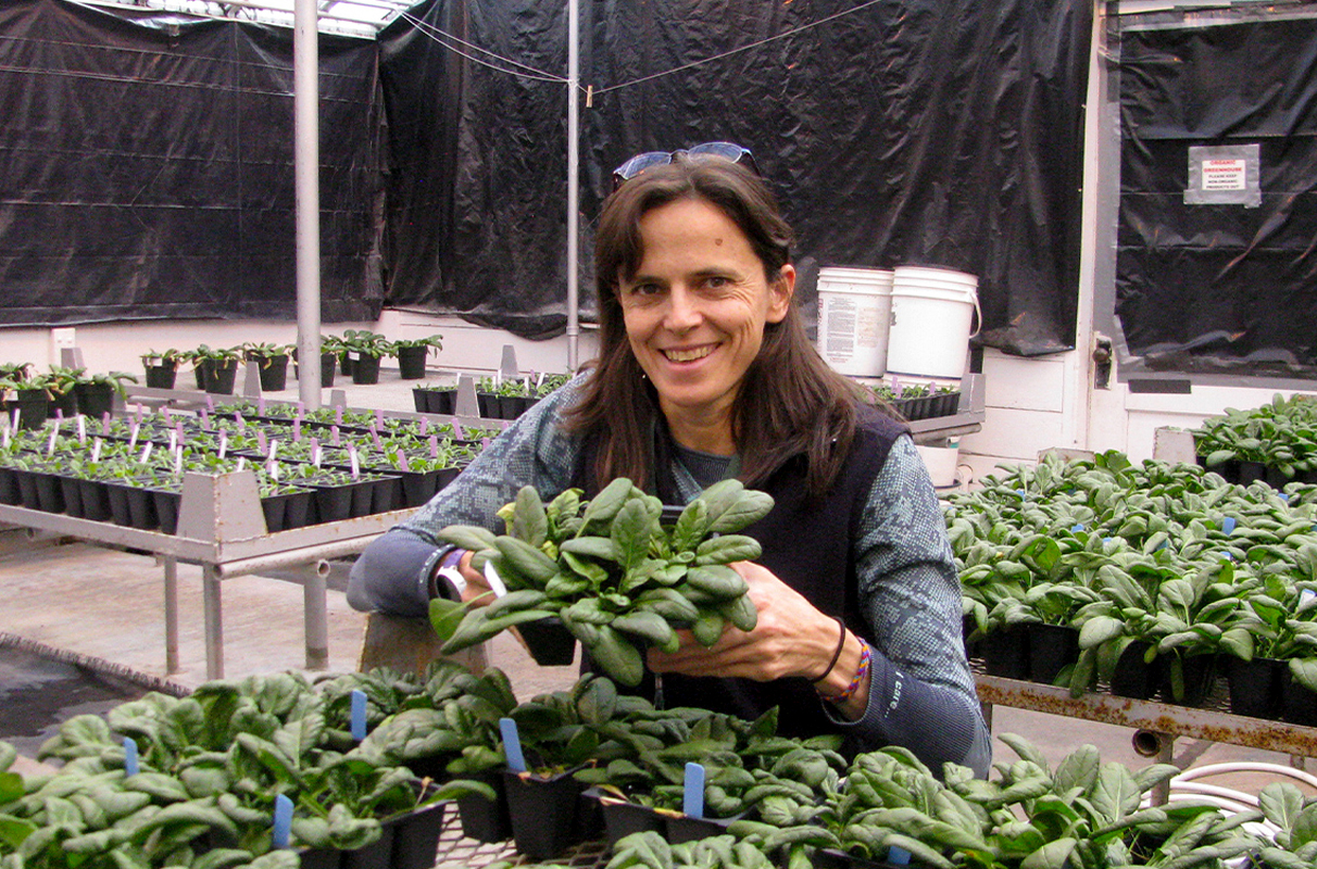 Woman holding plants in a greenhouse.