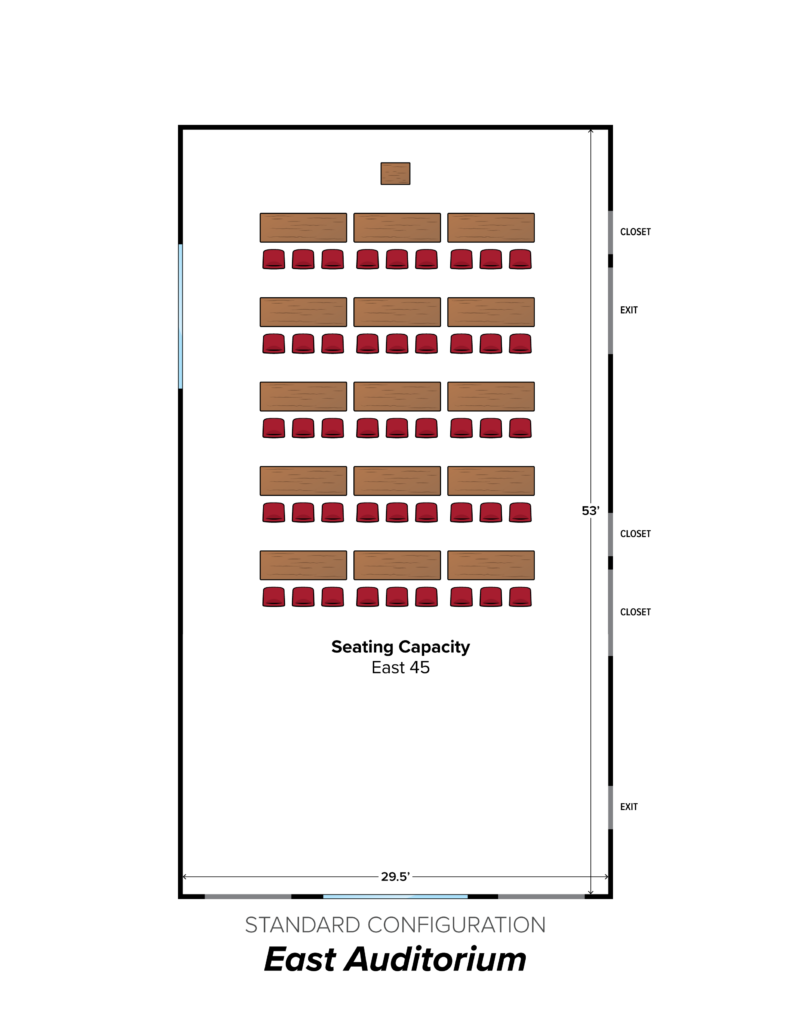 Room information and larger image of Auditorium (East) standard configuration (opens in new tab).