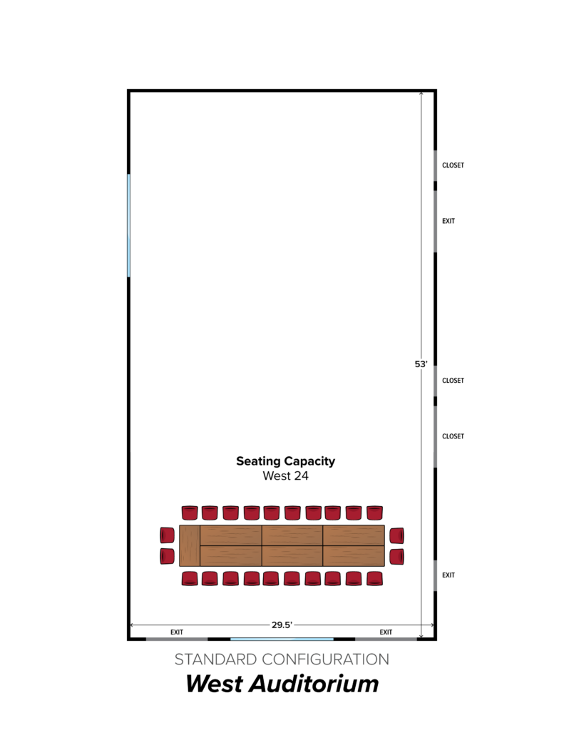 Room information and larger image of Auditorium (West) standard configuration (opens in new tab).