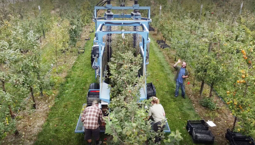 Three people operating machinery in an orchard.