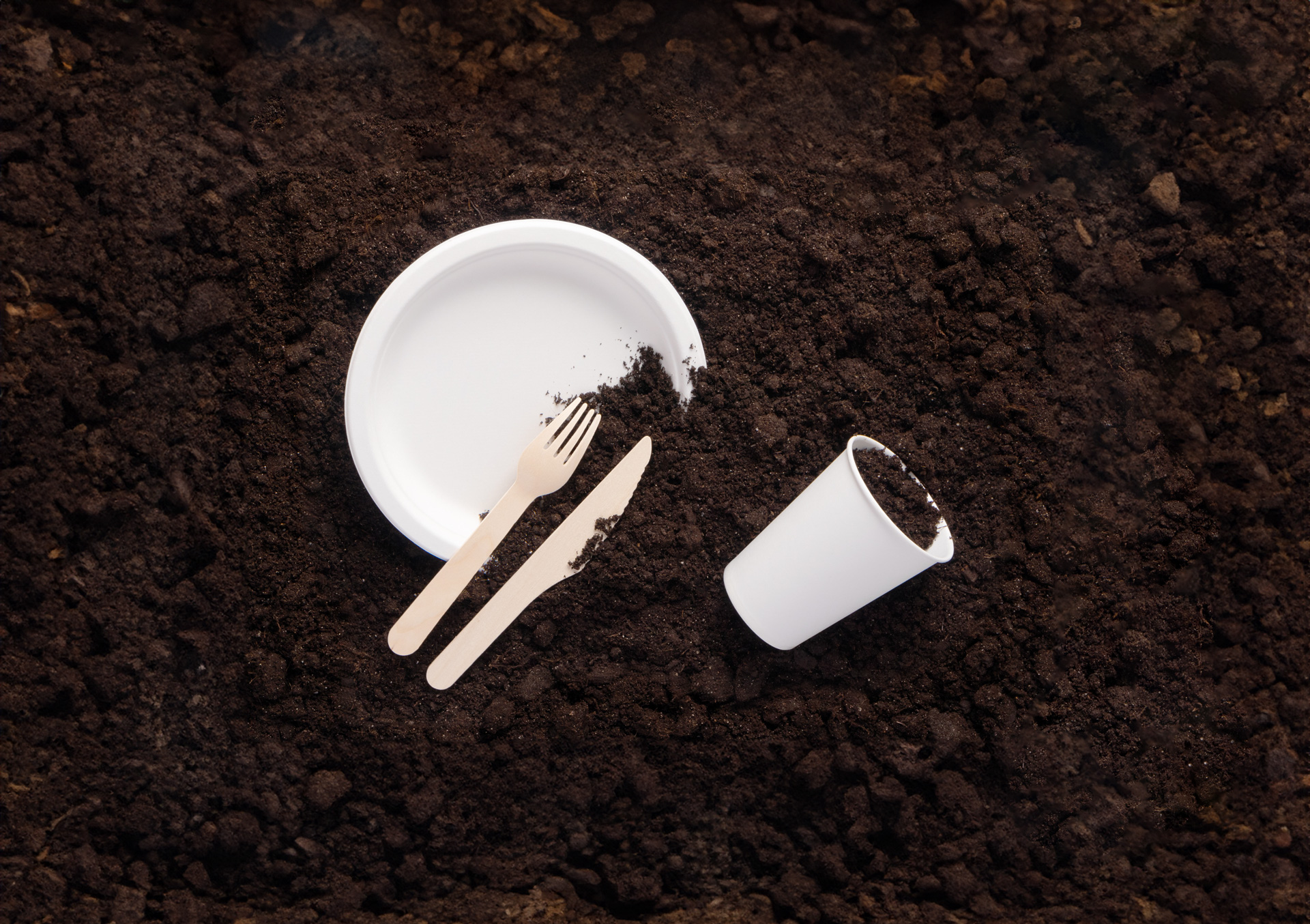 Compostable tableware in compost.