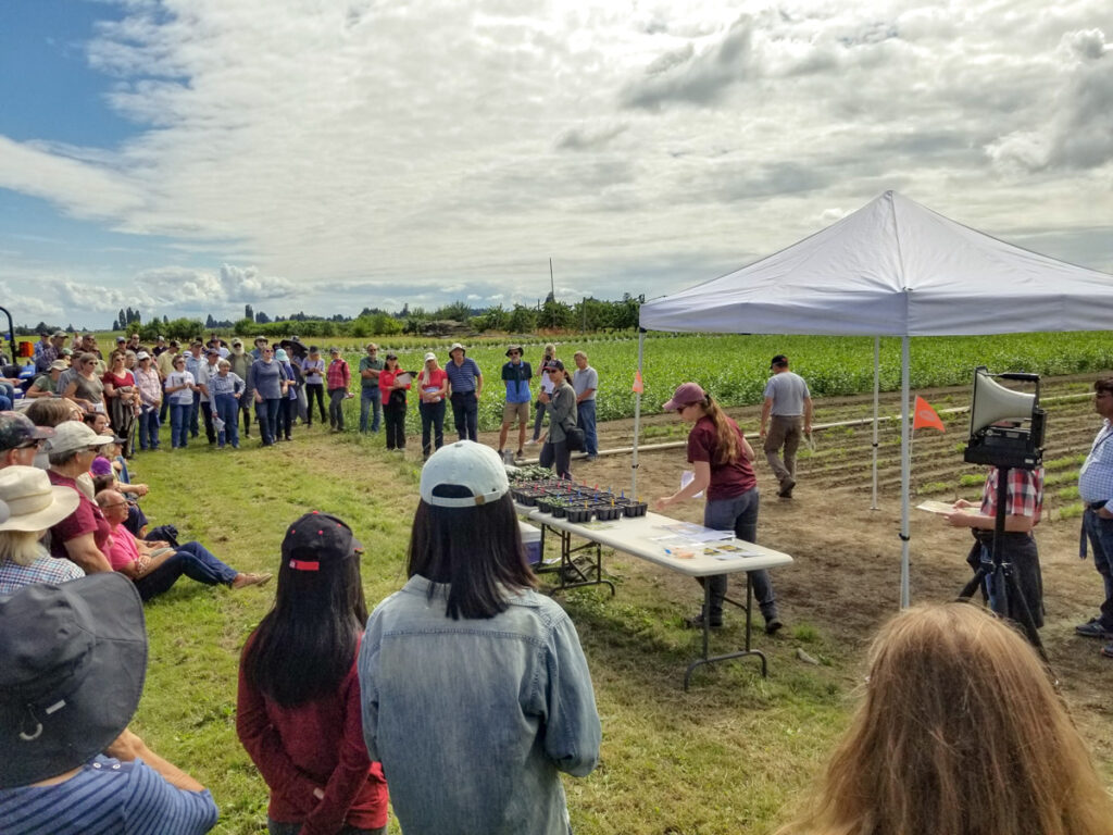 A large group listens to a Field Day presentation.