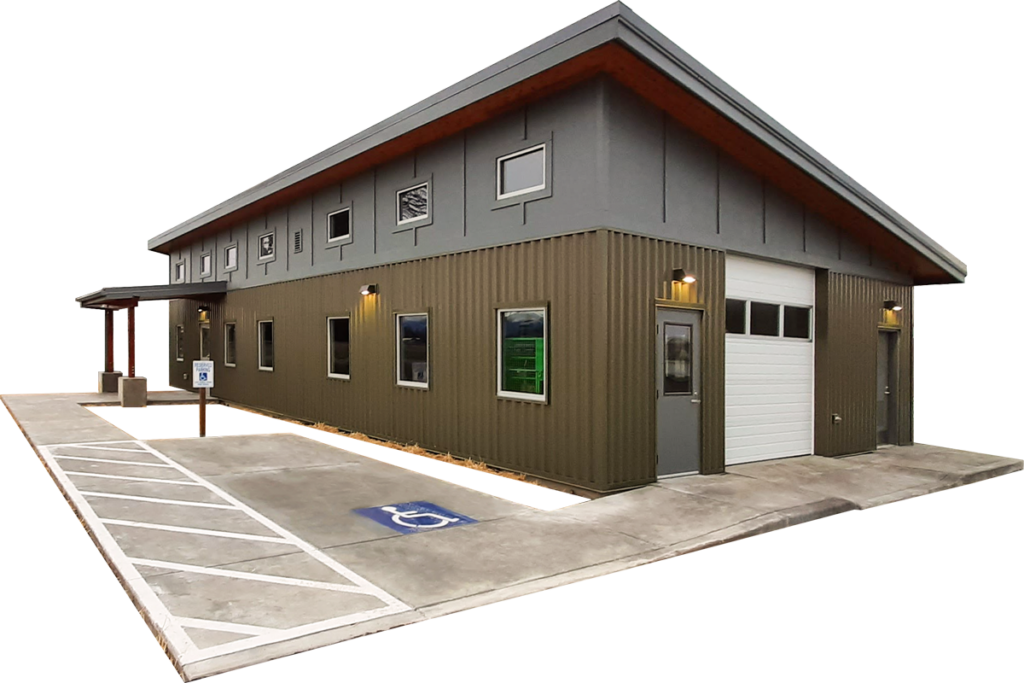 A 1 story building with a sloped shed roof.