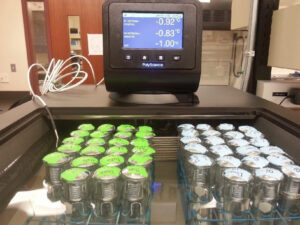 A temperature monitored freezer with sample tubes.