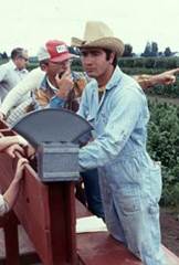 Young man in straw hat and coveralls.