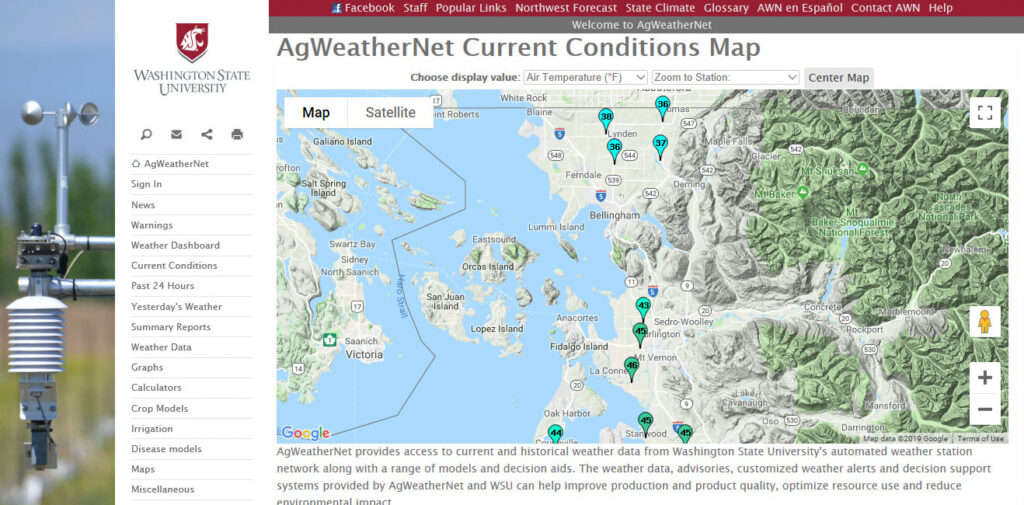 Screenshot of AgWeatherNet website. Map of NW Washington with weather stations marked.