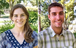 Two images. Informal portrait of woman (left) and man (right).