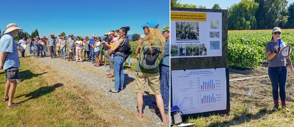 Two images. (Left) Large group standing in a field. (Right) Woman holding a megaphone beside a poster board.