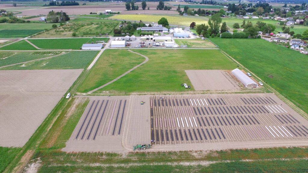 Aerial photo of farm fields, buildings in the far ground.