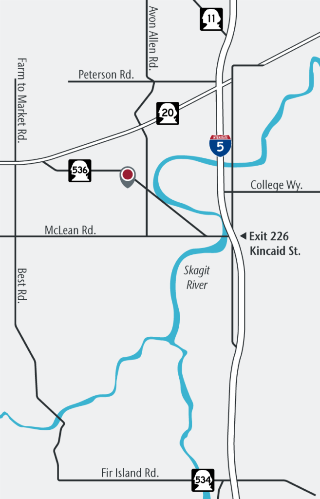 Map showing NWREC in to the west of Interstate 5. Exit 226 Kincaid St. and follow Washington State Route 536 past Avon Allen Rd.
