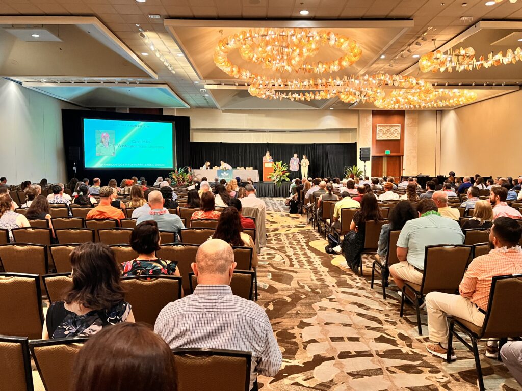 People in chairs attending an award ceremony in a large ballroom.