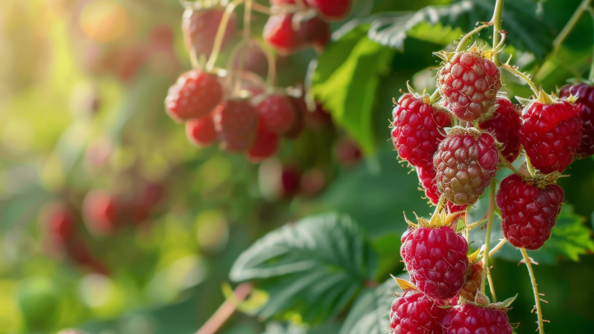 Red raspberries on a plant.