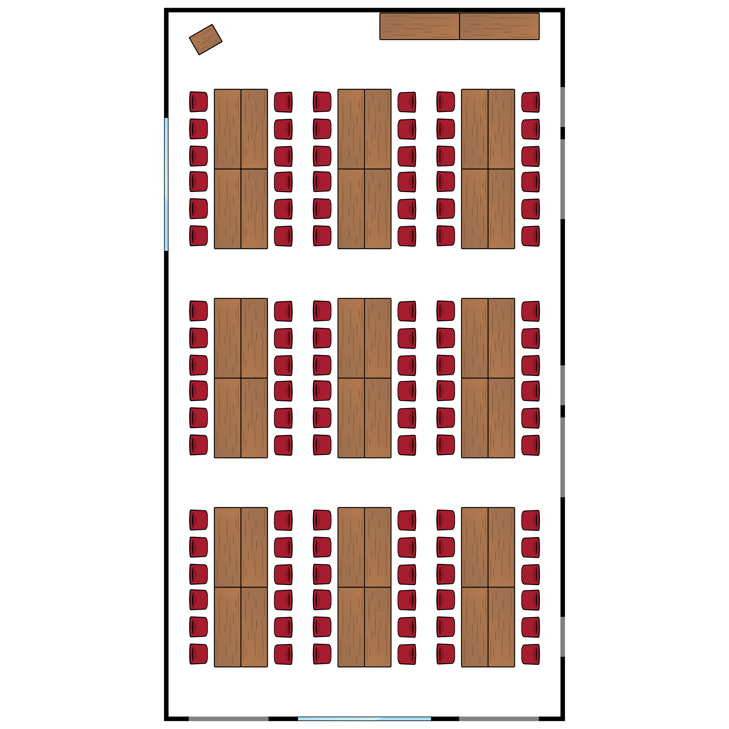 A large room. Tables arranged into 9 clusters with seating for 108. Podium and serving tables at front of room.