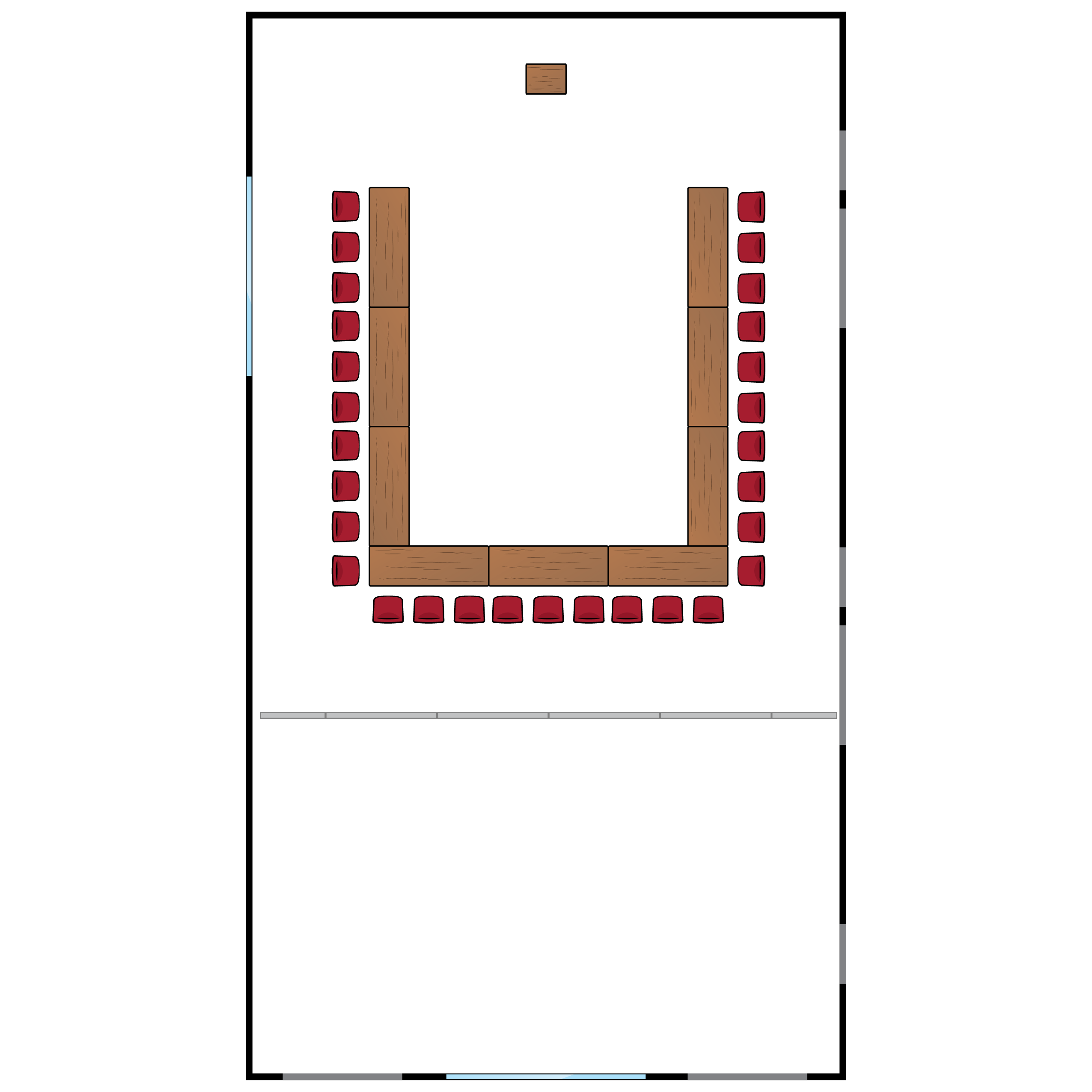 A large room. Tables arranged in a U shape with seating for 30 face a podium. An optional partition divides a smaller section of the room.