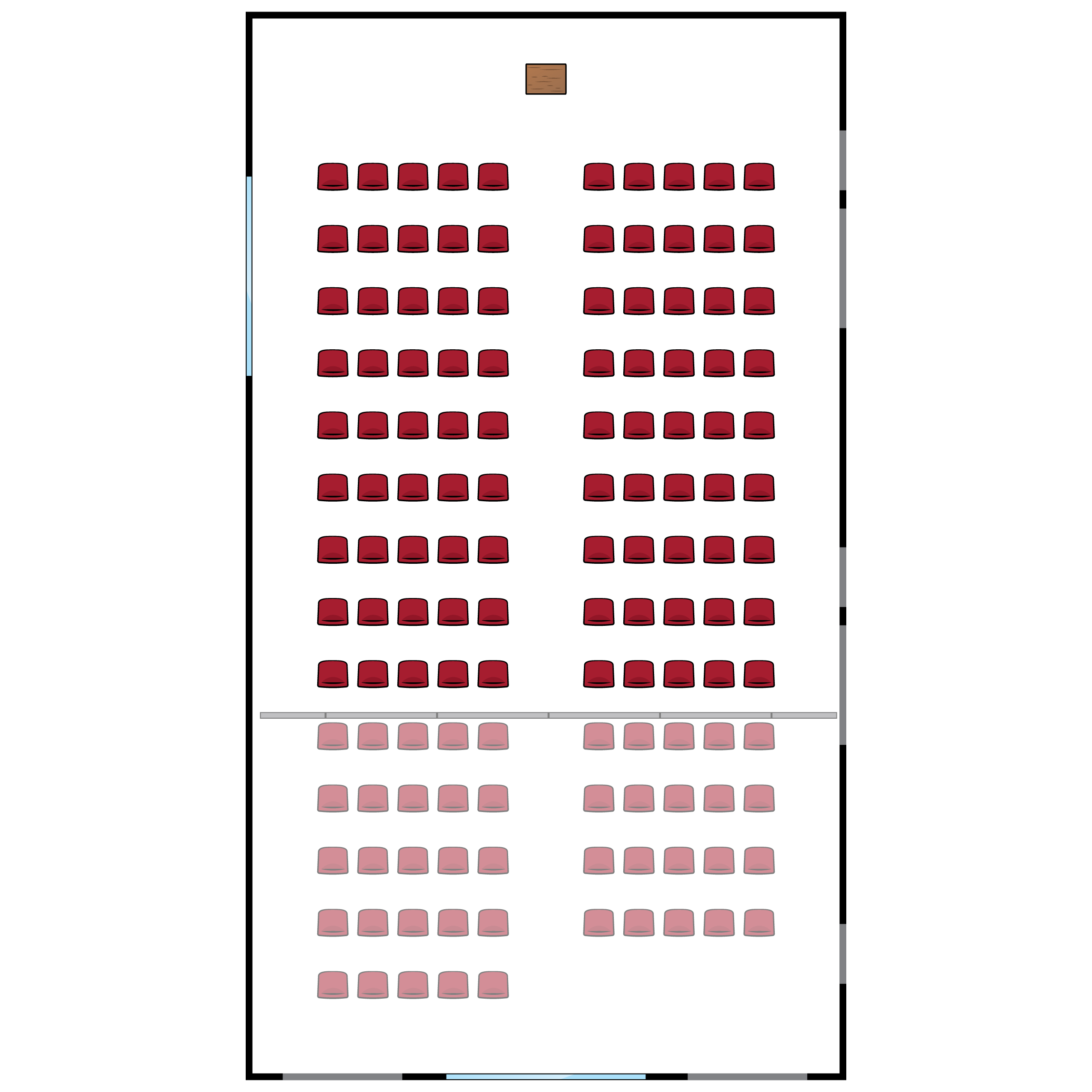 A large room. 13.5 rows of theater-style seating for 135 with a center aisle. An optional partition reduces room size to 9 rows.
