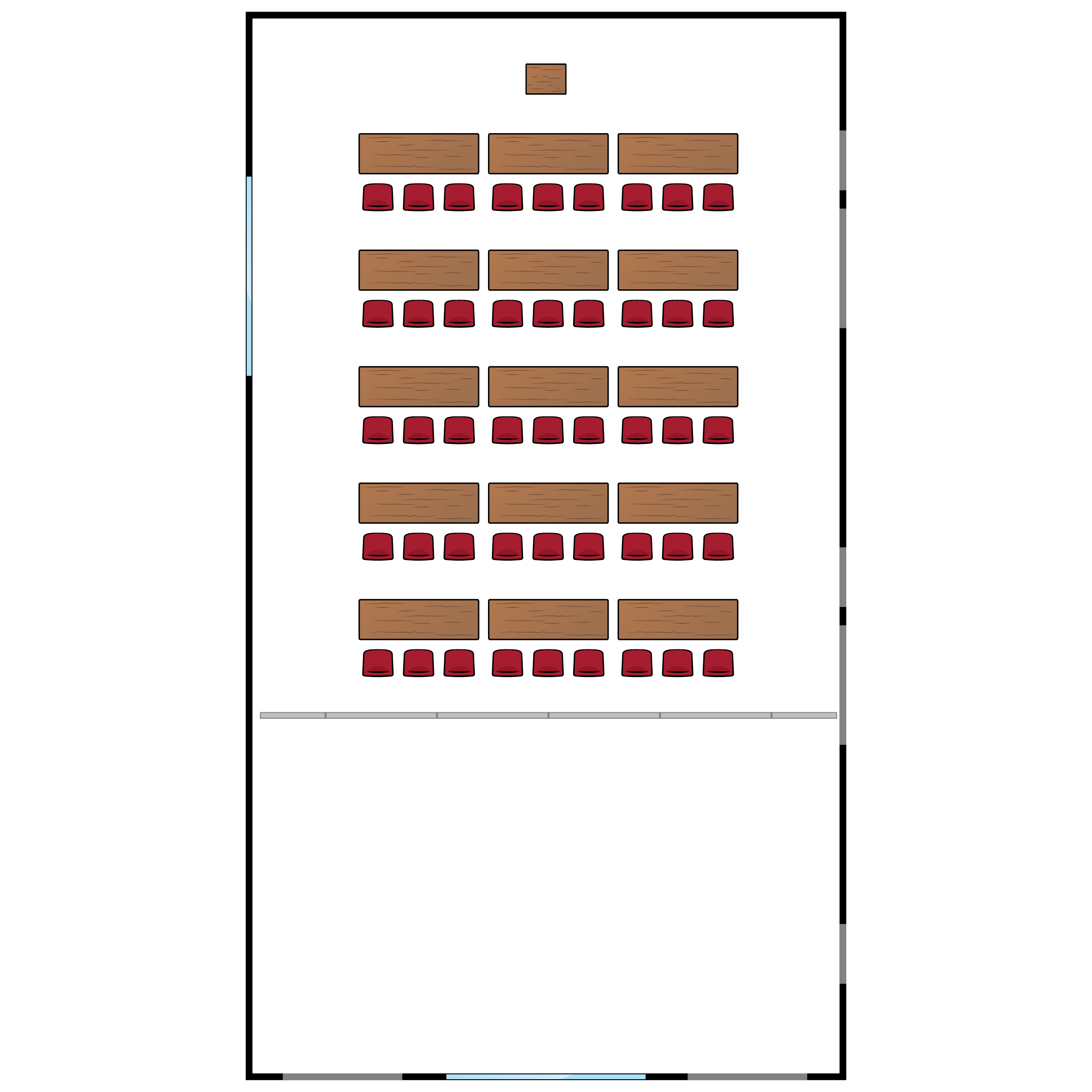 A large room. At front of room, five rows tables face a podium with seating for 45. An optional partition divides the two halves.