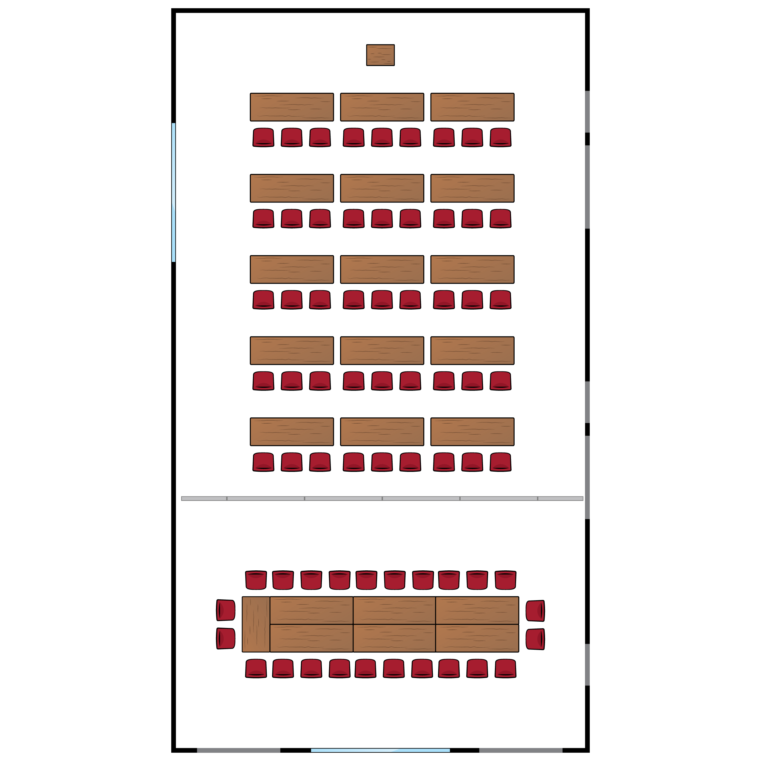 A large room. At front of room, five rows tables face a podium with seating for 45. A large conference table with 24 seats at back of room. An optional partition divides the two halves.