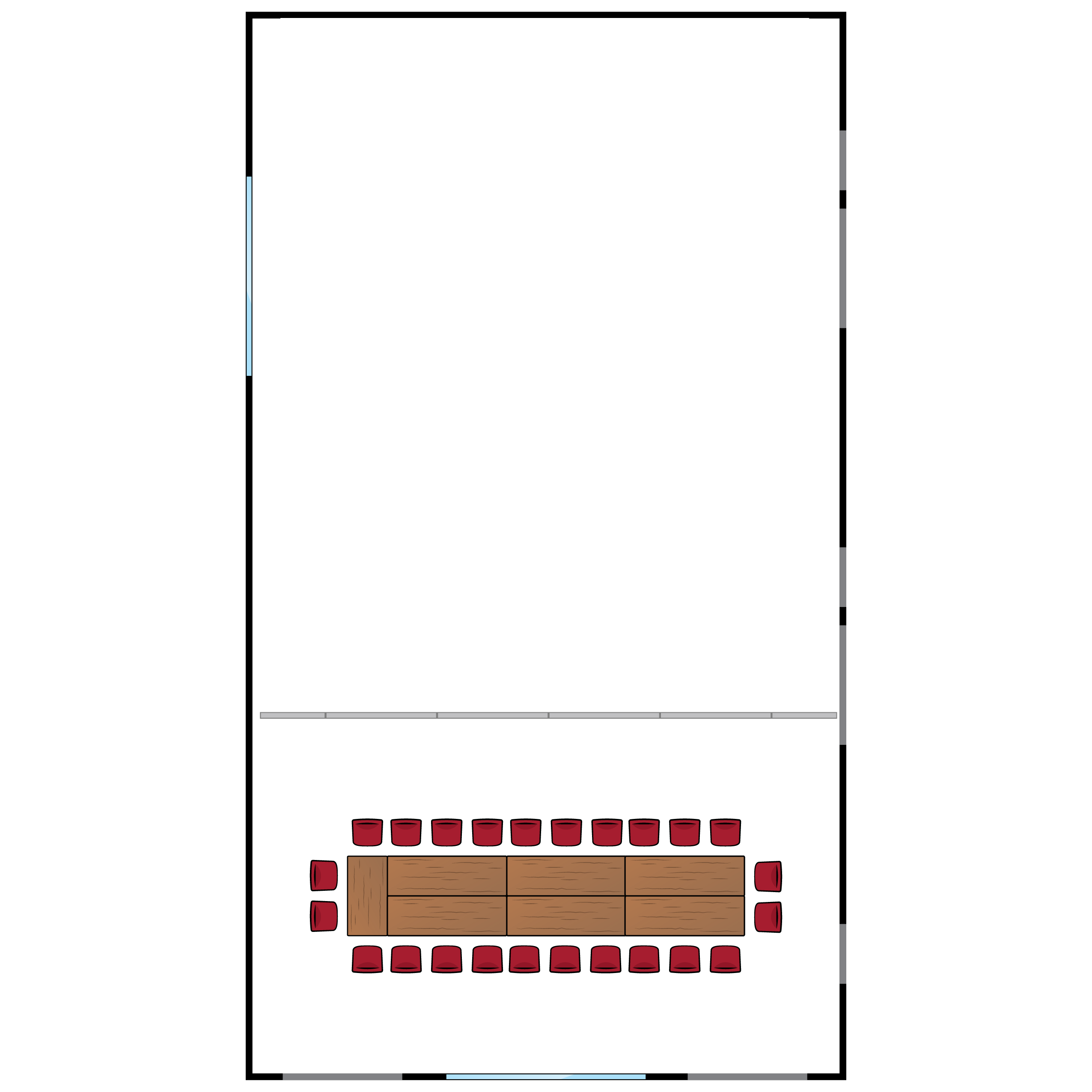A large room. A large conference table with 24 seats at back of room. An optional partition divides the two halves.