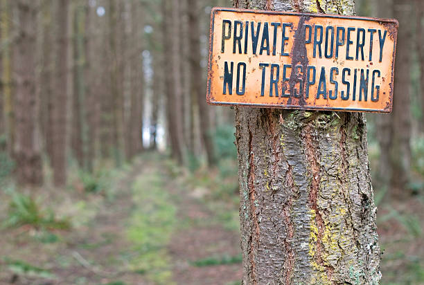 A sign reading "Private Property - No Trespassing" hung on a tree in the woods.
