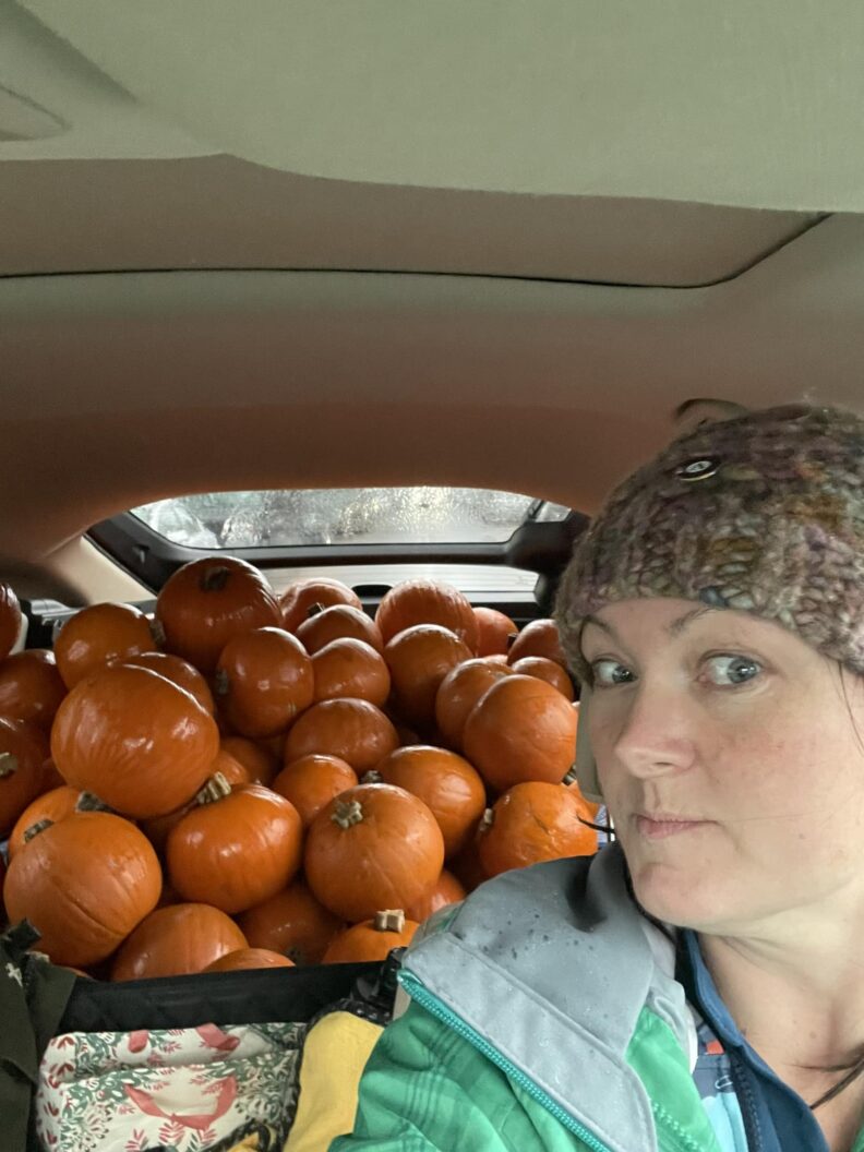 Woman with pumpkins in her car