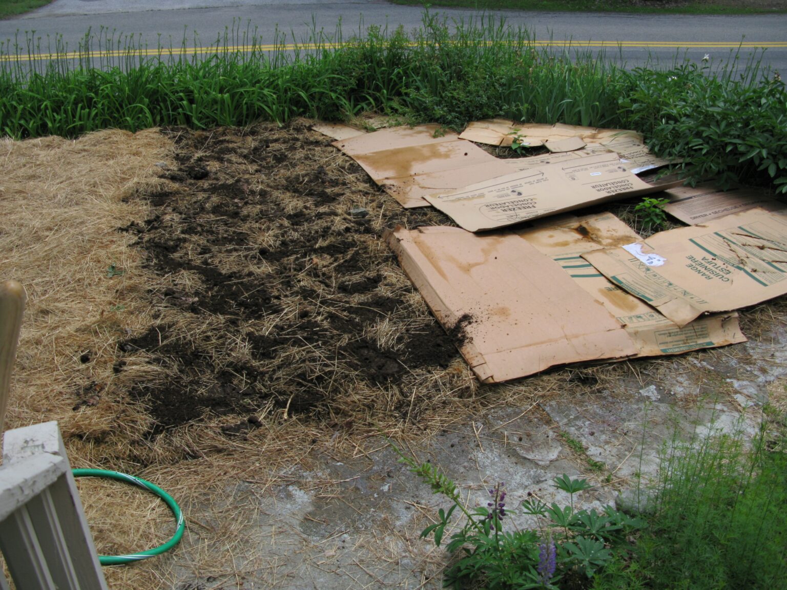 Cardboard layed on the ground and then being covered by soil and wood chips as a form of composting and covering the lawn. 