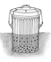Illustration of metal garbage can with big holes on bottom half, it is then buried about halfway deep into ground. Organic waste is added and decay happens via microbes and worms that enter through holes to continue food breakdown. 