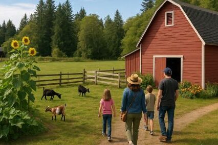 Digital photo of family walking up to a farm and barn