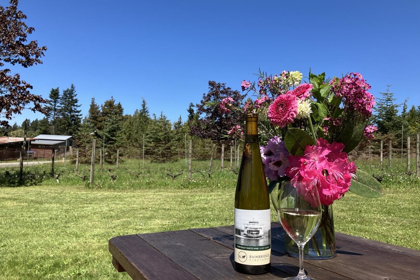 Bainbridge Vineyard wine in a farm field with flower vase