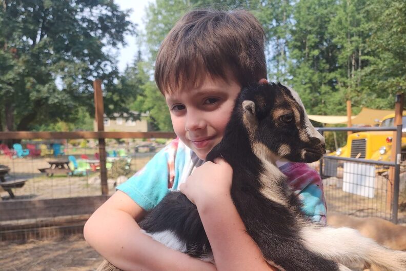 little boy holding a goat at a farm site.
