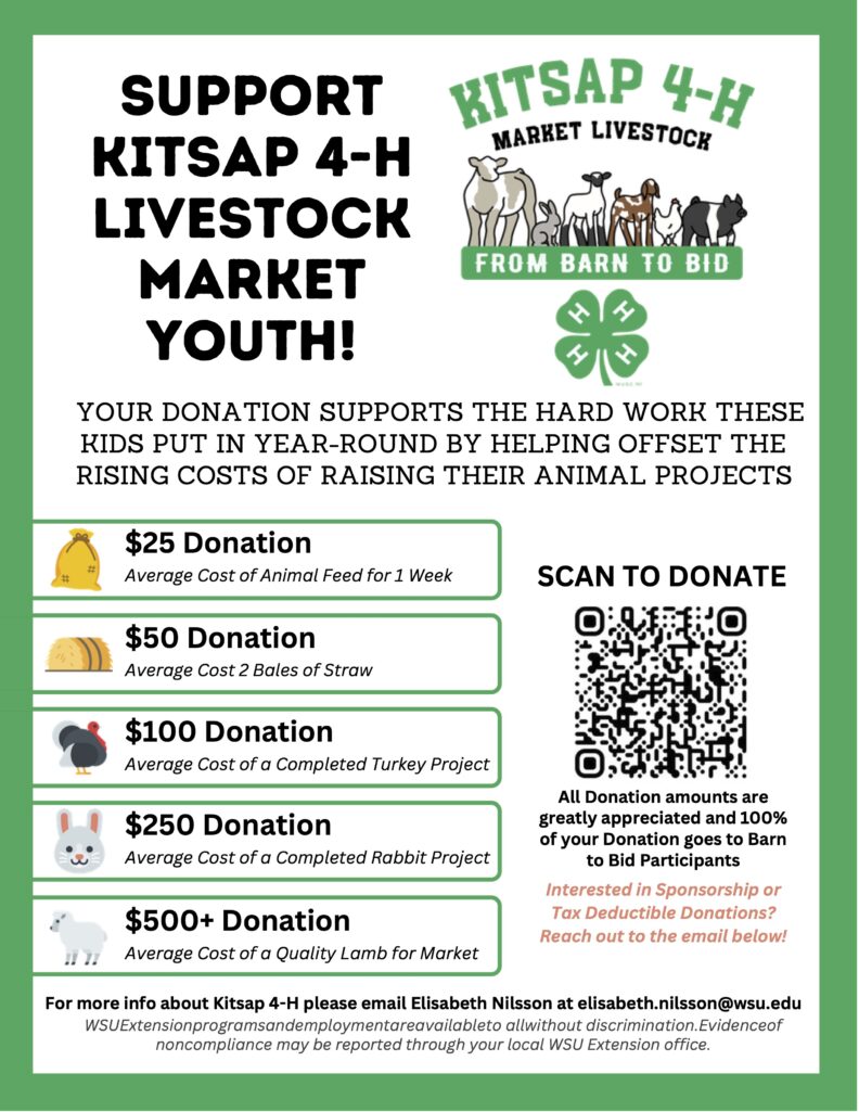 Kitsap 4-H Market Livestock From Barn to Bid flyer. Donation levels: $25 - Average cost of animal feed for 1 week; $50 - Average cost of 2 bales of straw; $100 - Average cost of a completed turkey project; $250 - Average cost of a completed rabbit Project; $500 - average cost of quality lamb for market. 