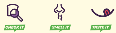 Image indicating with graphic outline of  magnifying glass for looking, nose for smelling, and mouth for tasting