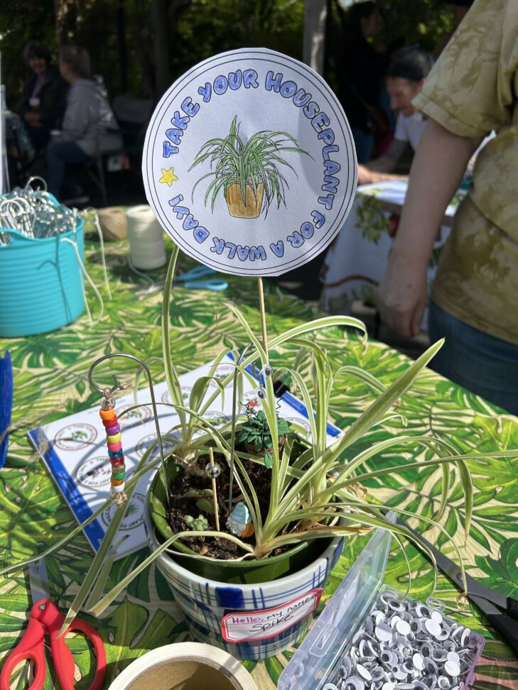 Houseplant with sign that reads, "Take your houseplant for a walk day," on a green tablecloth with craft supplies.