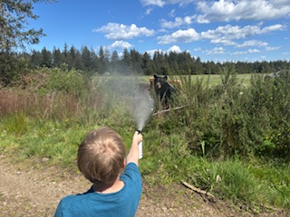 4-H Hunting Skills project member using inert bear spray on an artificial bear