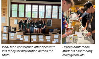 Two photos of teen conference students assembling microgreen kits
