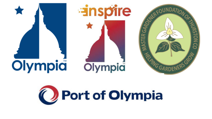Logos for City of Olympia, Inspire Olympia, Port of Olympia, and the Master Gardener Foundation of Thurston County, sponsors of the Olympia Farmers Market Garden. 
