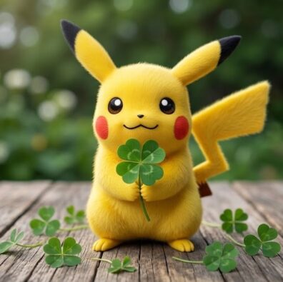 Pickachu holding a four leaf clover